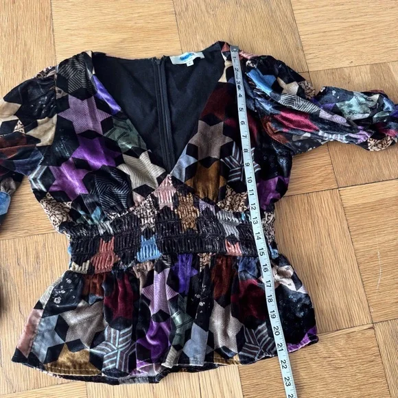 Sea New York Estella Velvet Smocked V Neck Blouse Stars Purple Dark Small